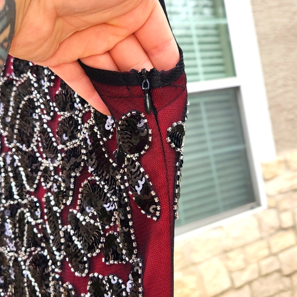 1920s Flapper Style Beaded Maxi Dress Black & Burgandy Prom Gatsby Dress size 4 - Picture 10 of 17